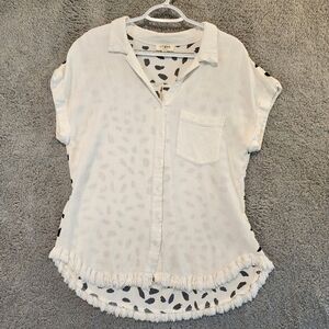 Umgee Top Size Small White Linen Blend Front Polyester Polka Dots On Back Fringe